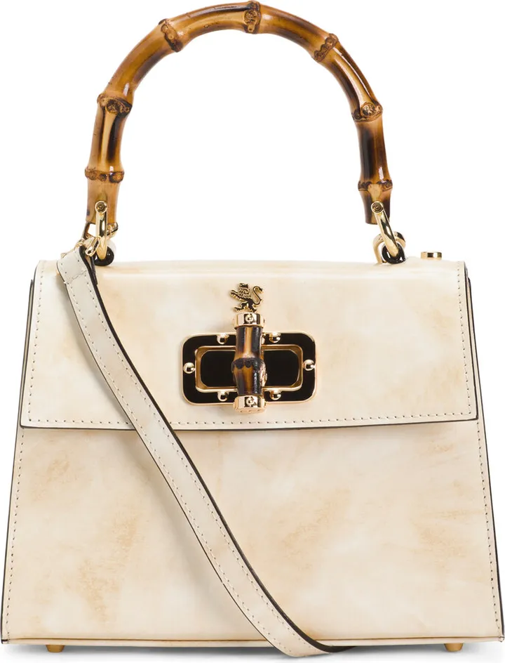 Made In Italy Leather Satchel With Bamboo Carry Handle