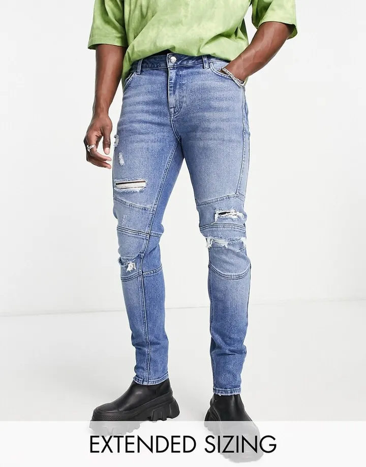 ASOS DESIGN skinny jeans in dark wash with rips and moto detail