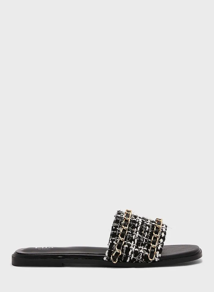 Boucle Chain Detail Flat Sandal