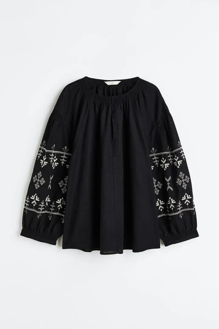 Linen-blend Embroidered Blouse