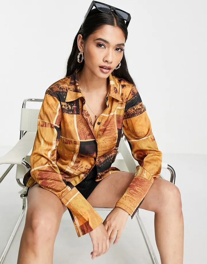 Topshop slim fit scenic print satin shirt in brown