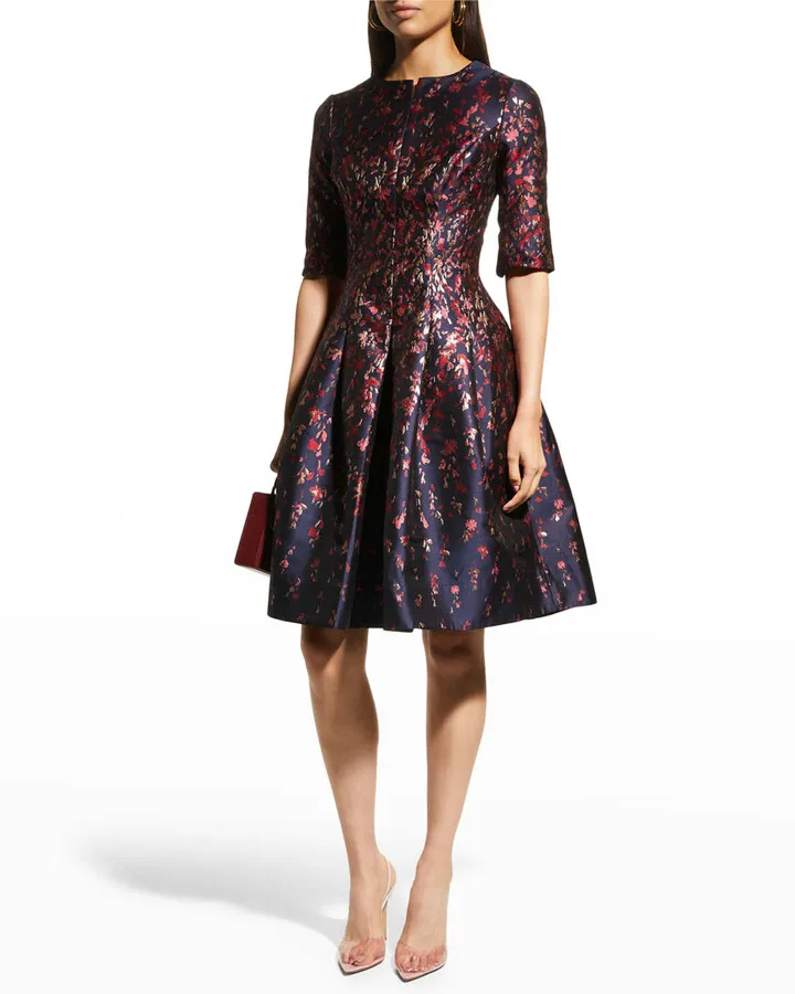 Pleated Floral Jacquard Dress