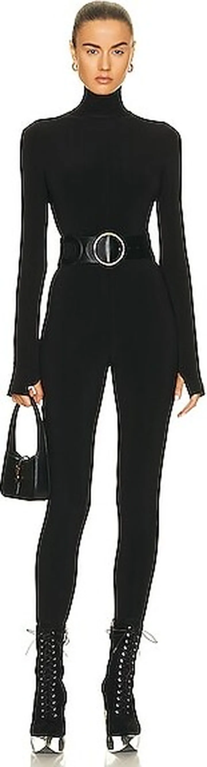 Norma Kamali Long Sleeve Turtleneck Catsuit with Footie in Black