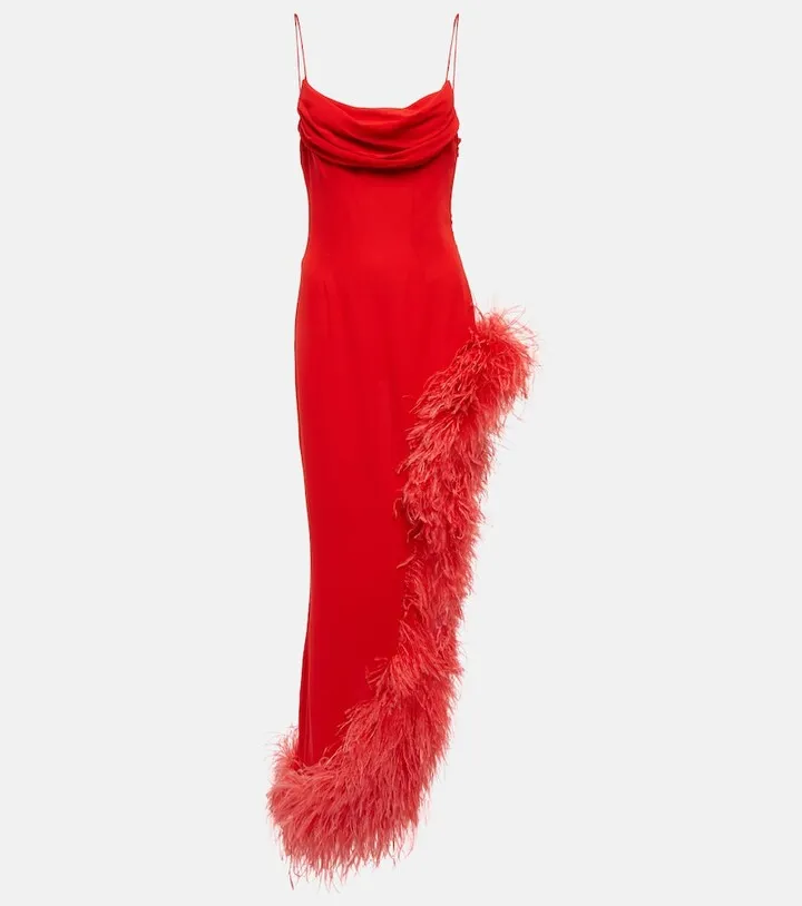 Feather-trimmed silk gown