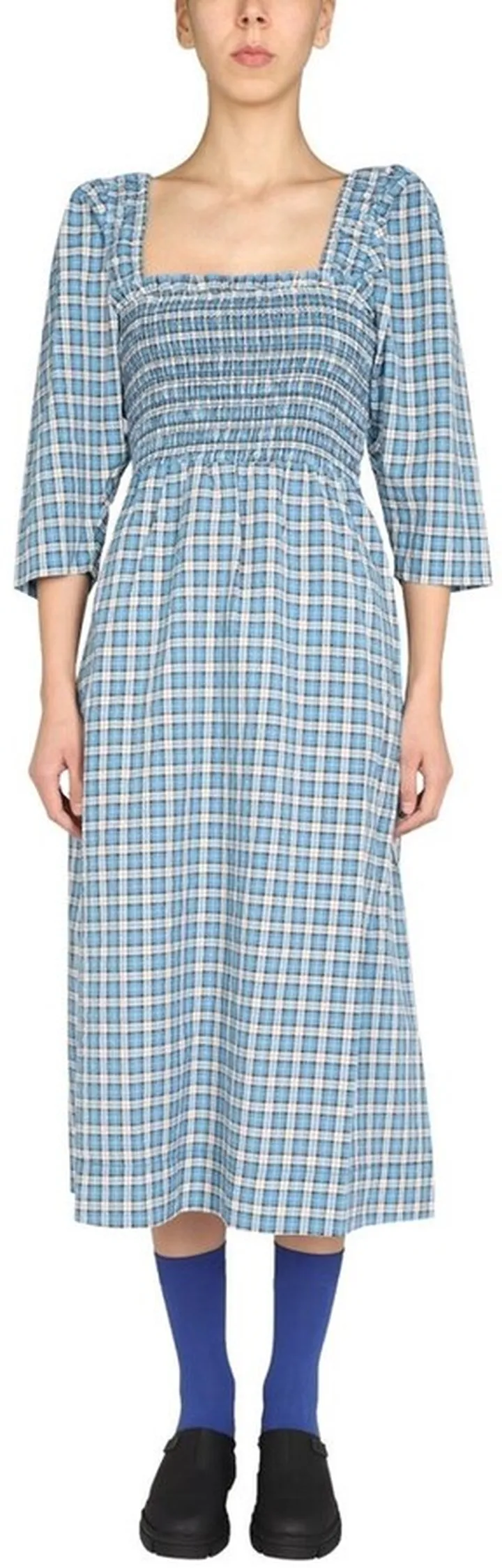 Ganni Seersucker Checked Flared Midi Dress