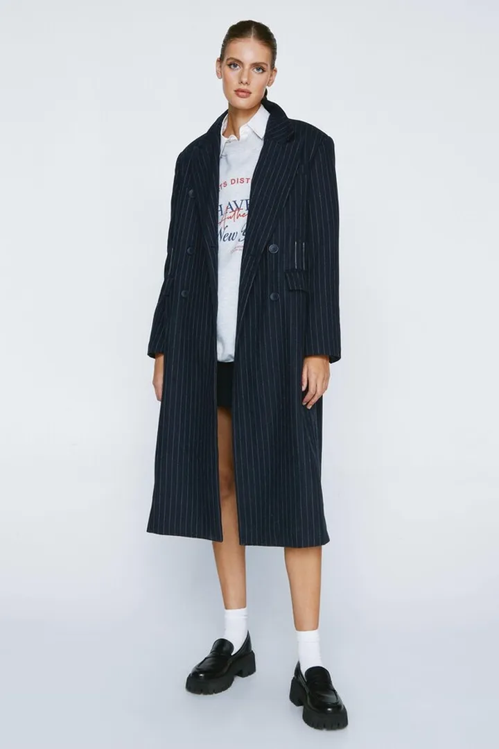 Nasty Gal Womens Pinstripe Wool Blend Contrast Stitch Duster