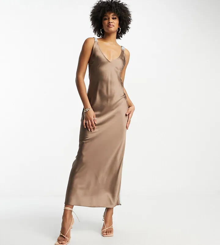 ASOS DESIGN Tall elasticated back satin slip midi dress in mocha and gray color block