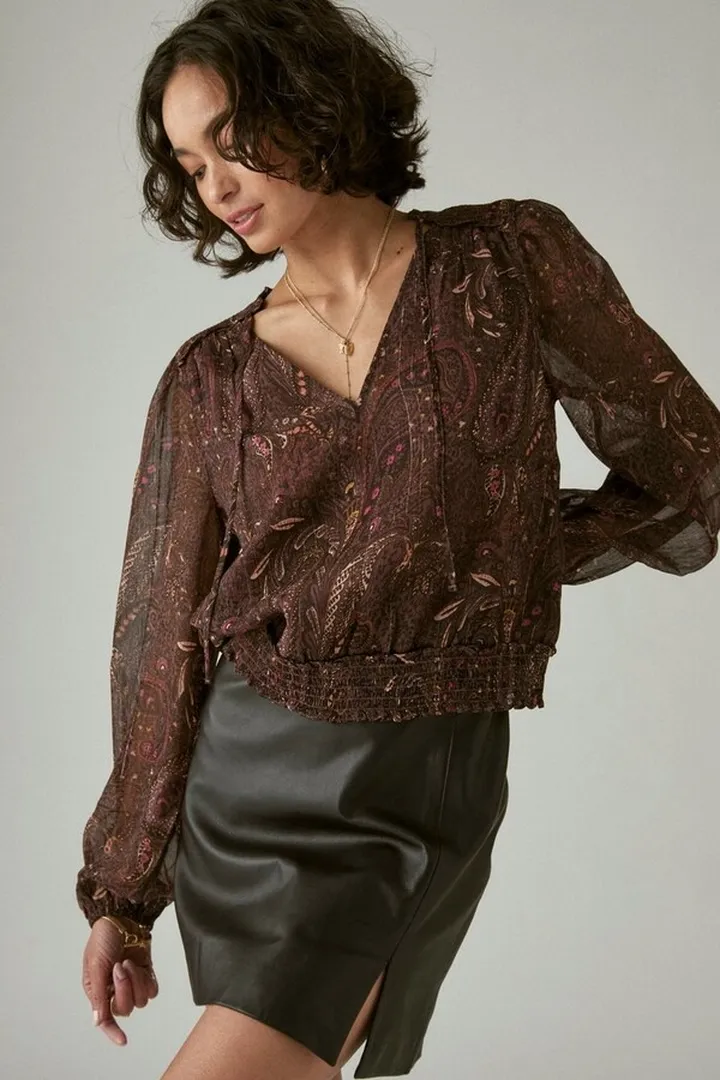 Long Sleeve Paisley Bubble Hem Blouse