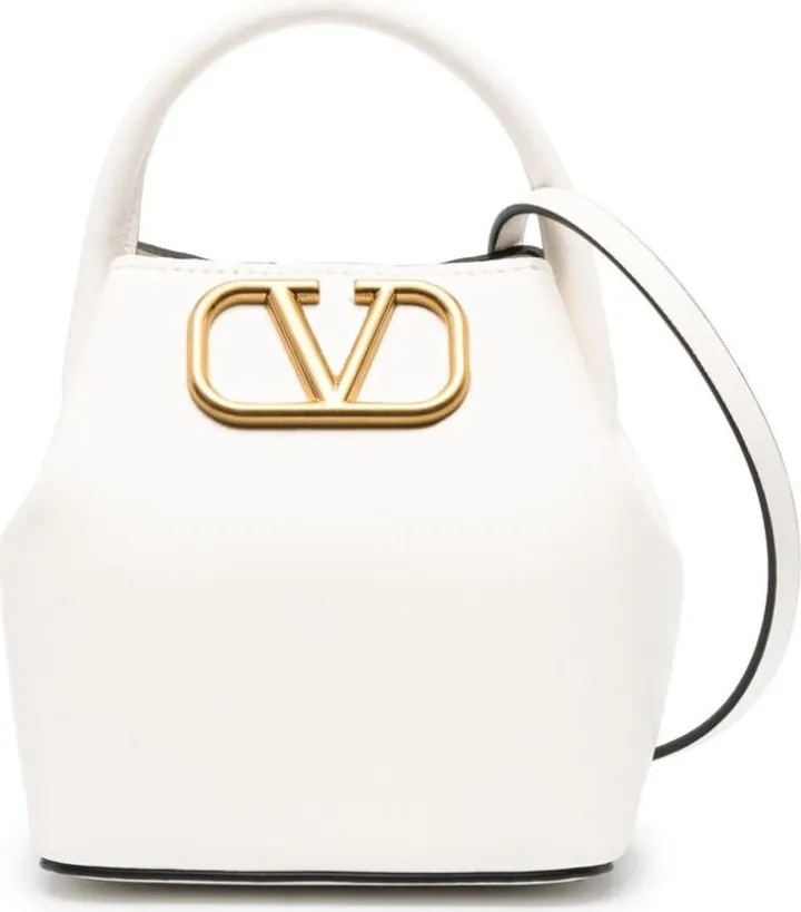 White VLogo Leather Mini Bucket Bag