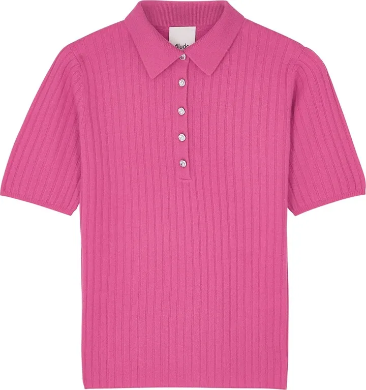 Allude Embellished Ribbed Cashmere Polo Top