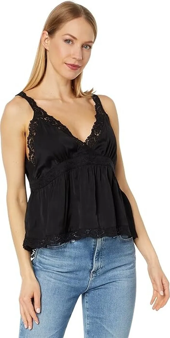 Lucky Brand Satin Lace Babydoll Cami (Black) Women's Clothing