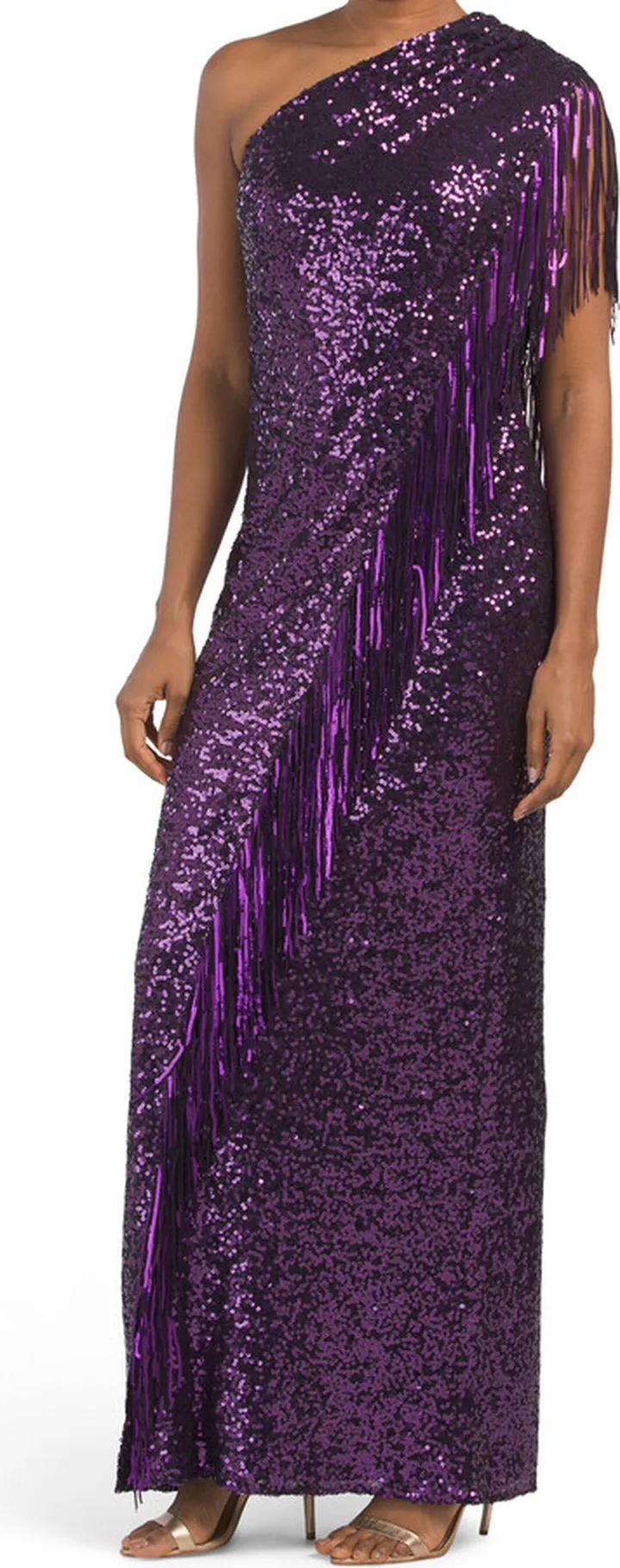 One Shoulder Sequin Fringe Gown