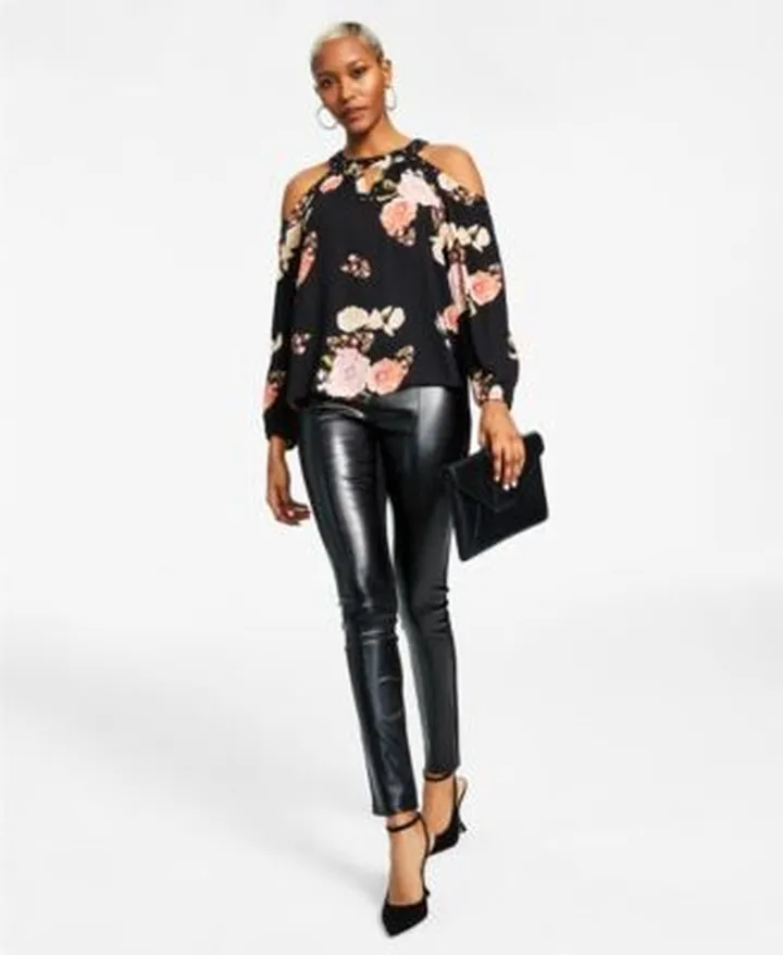 Inc International Concepts Womens Printed Cold Shoulder Top Mixed Media High Rise Pants Created For Macys