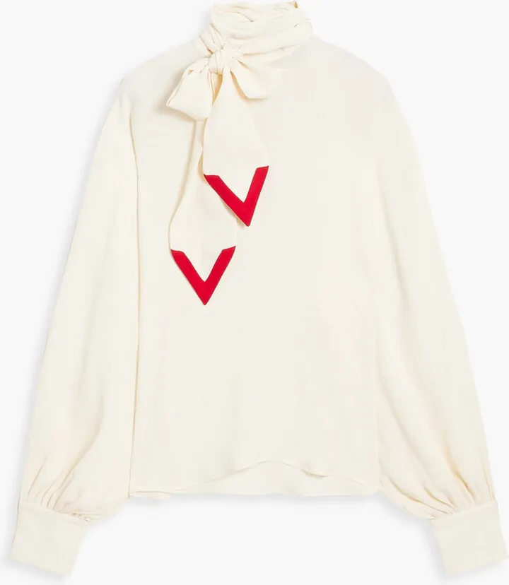 Pussy-bow two-tone silk-crepe blouse