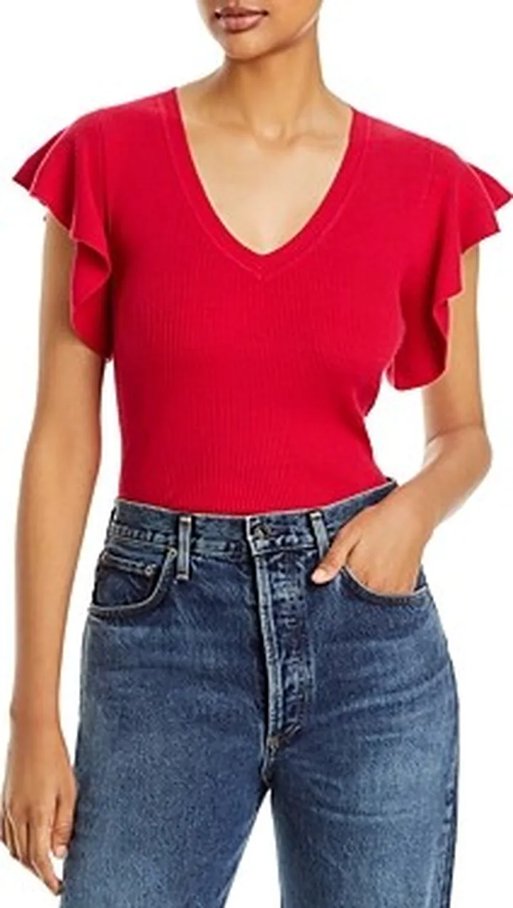 T Tahari V Neck Ruffle Sleeve Rib Knit Sweater