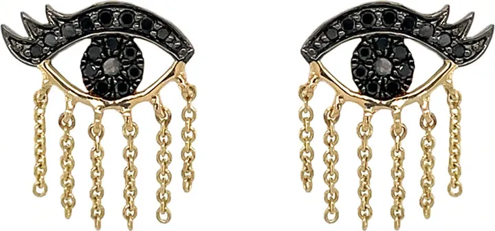 Black Diamond Evil Eyelash Yellow Gold Fringe Stud Earrings