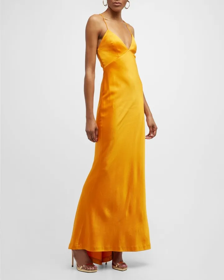 Montana Satin V-Neck Slip Dress With Train