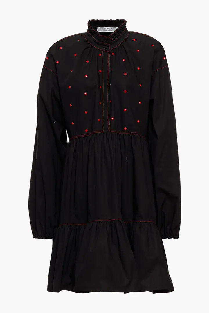 Ruffled studded stretch-cotton poplin dress