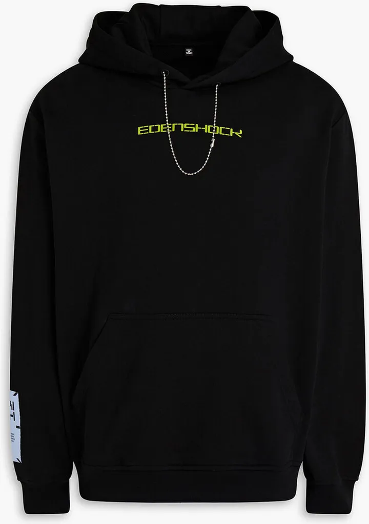 Chain-trimmed printed French cotton-terry hoodie