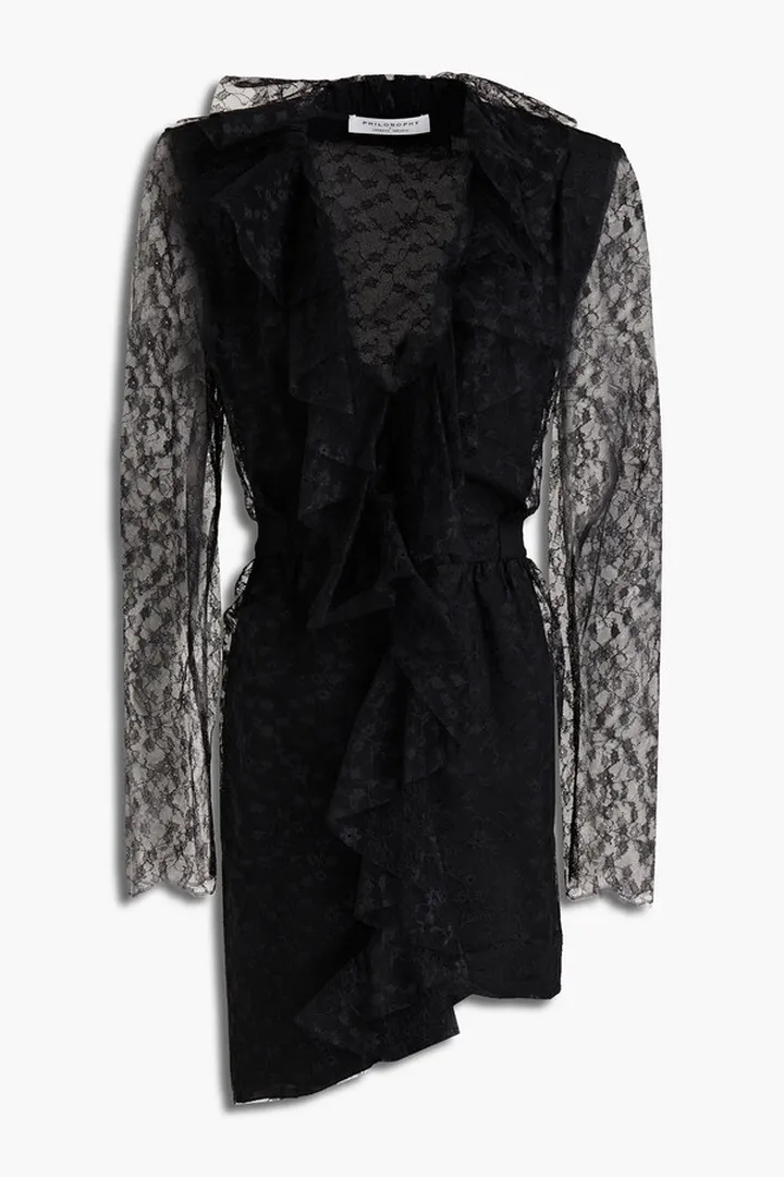 Belted ruffled leavers lace dress