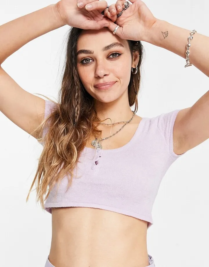 Bershka cropped terry T-shirt in lilac