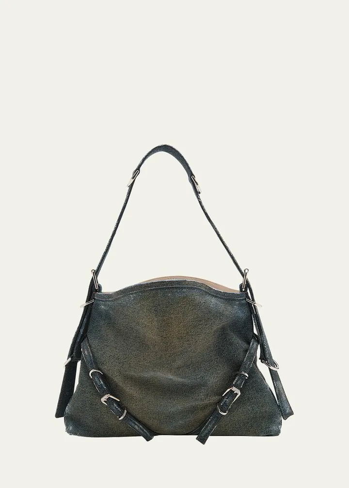 Medium Voyou Buckle Shoulder Bag in Washed Denim