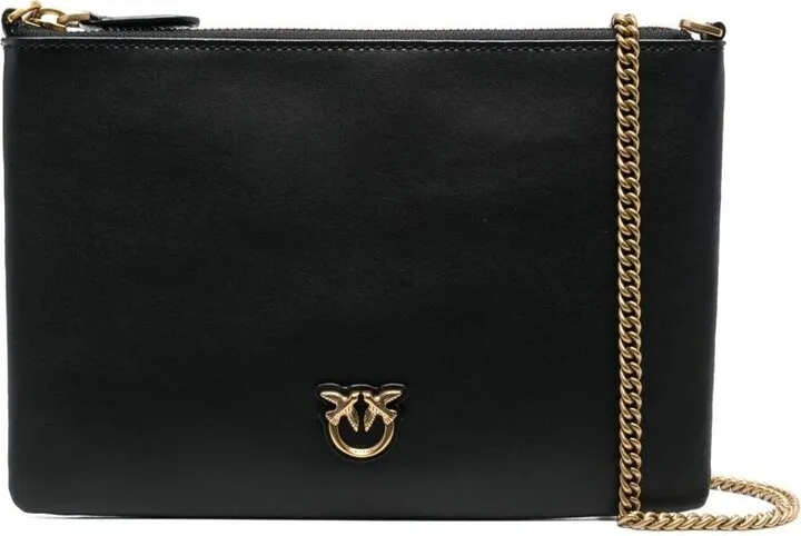 'flat Love Bag' Black Shoulder Bag With Logo Patch In Smooth Leather Woman