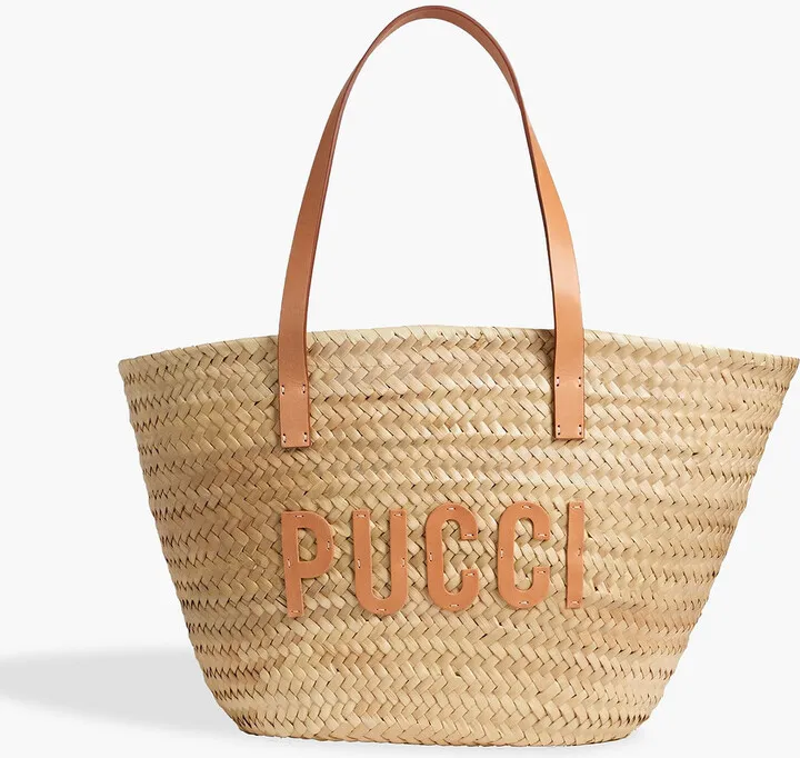Leather-trimmed appliquéd raffia tote
