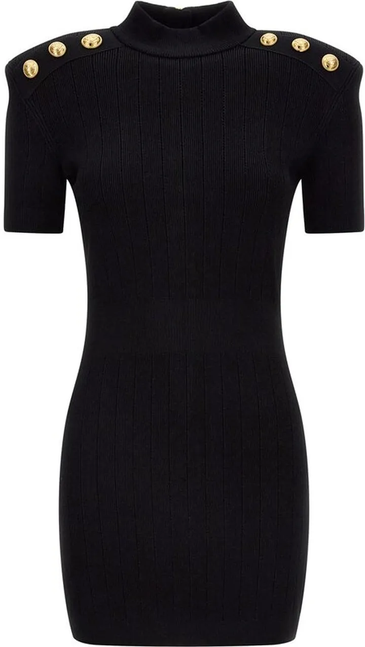 Balmain Mock Neck Button-Embellished Ribbed Mini Dress