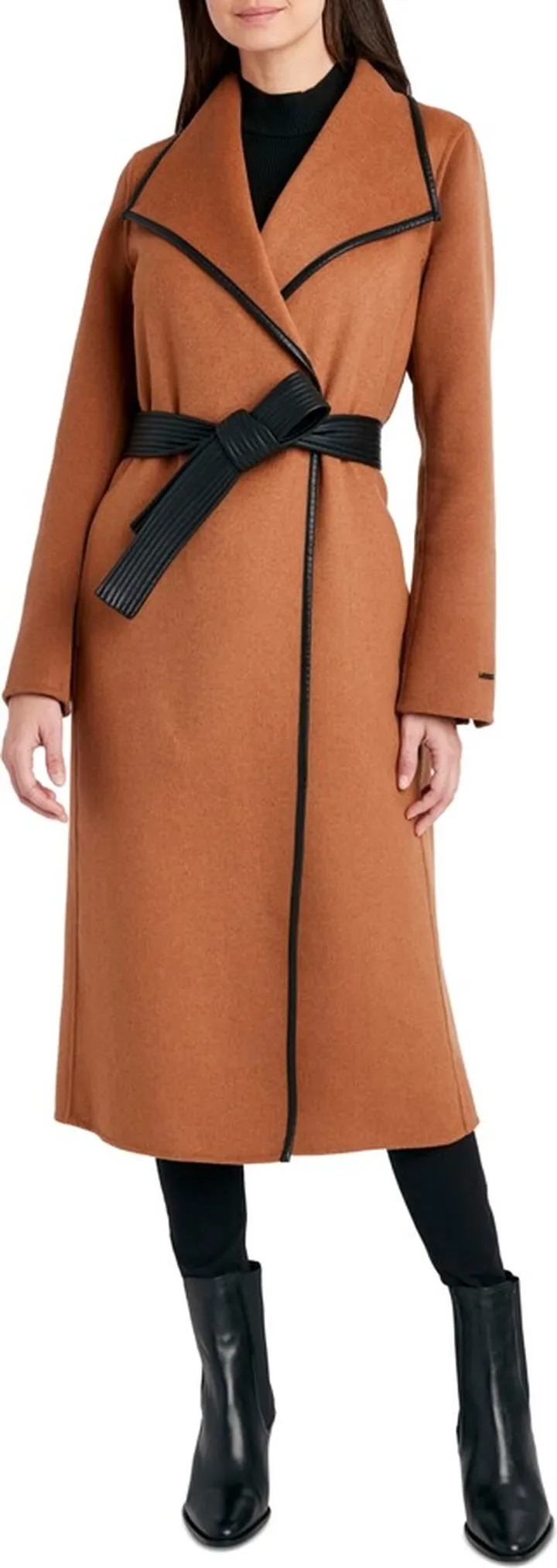 Tahari Women's Petite Faux-Leather-Trim Wrap Coat