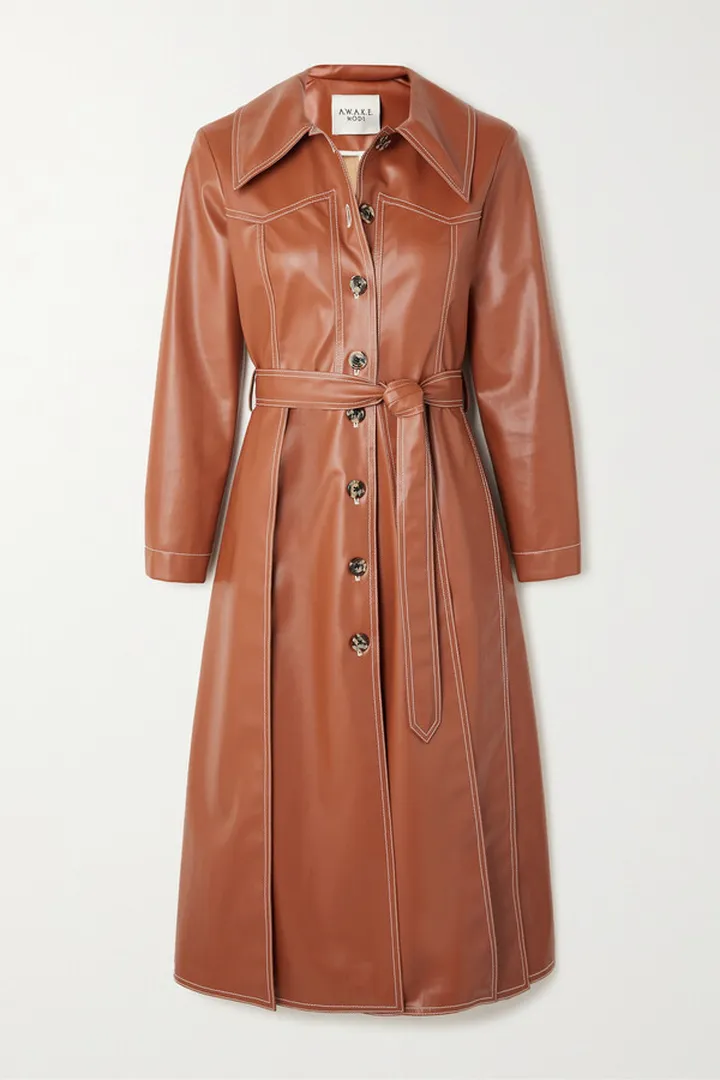 A.W.A.K.E. MODE - Belted Faux Leather Trench Coat - Red