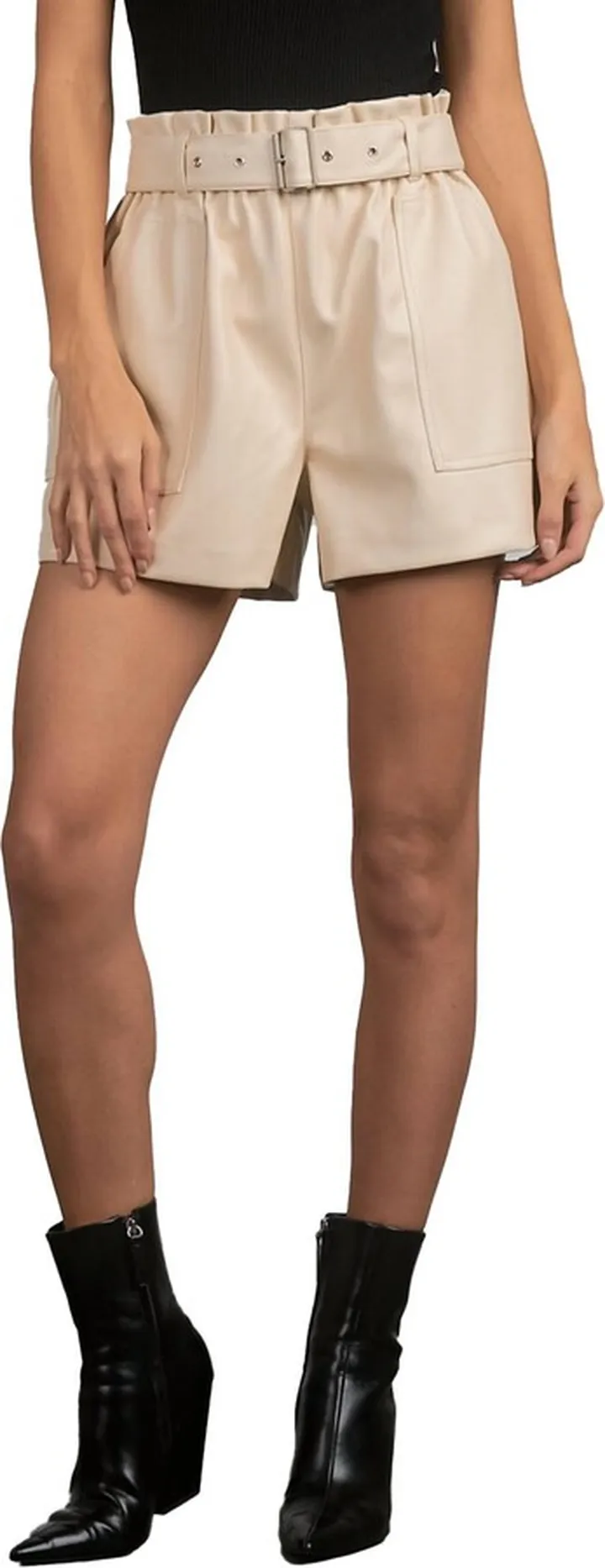 Belted Leather Shorts in Beige