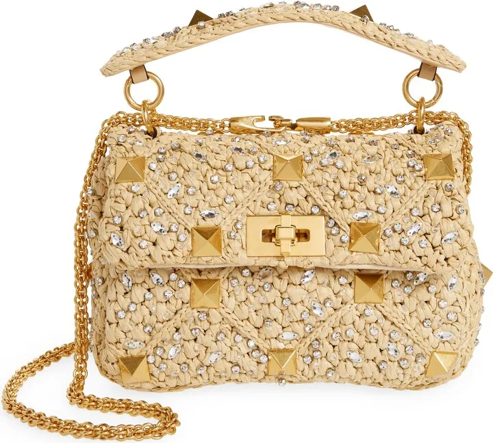 Roman Stud Raffia Shoulder Bag