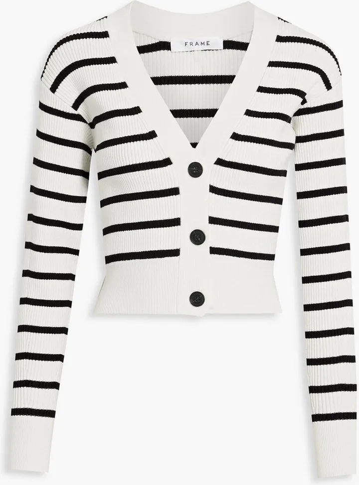 Striped ribbed-knit cardigan