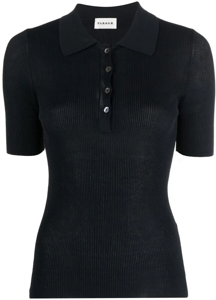 Ribbed Short-Sleeve Polo Top