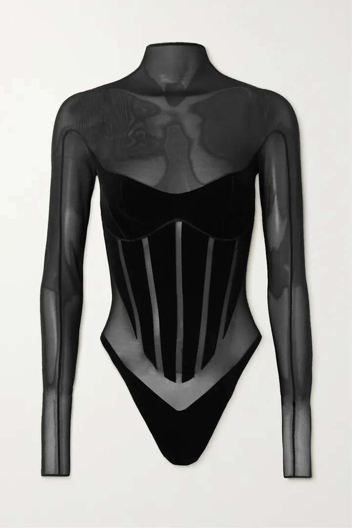 Wolford - + Mugler Flocked Stretch-tulle Thong Bodysuit - Black