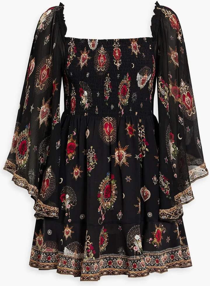 Embellished printed silk crepe de chine mini dress