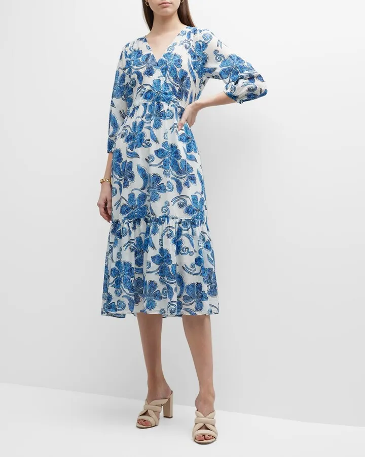 Azura Floral-Print Flounce Midi Dress