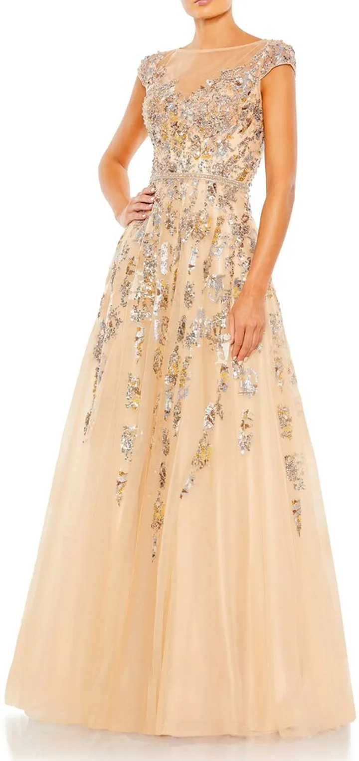 Sequin Cap Sleeve Chiffon Ballgown