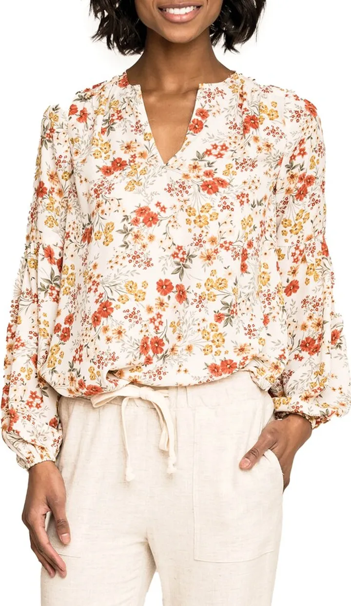 Split Neck Long Sleeve Print Tunic