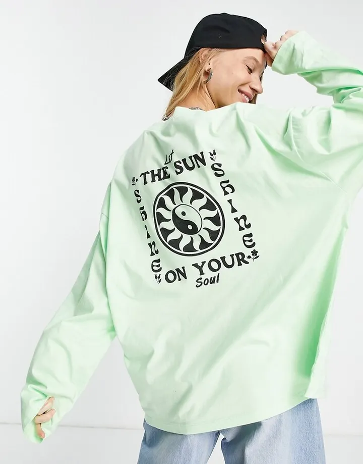 Topshop smile long sleeve skater tee in green