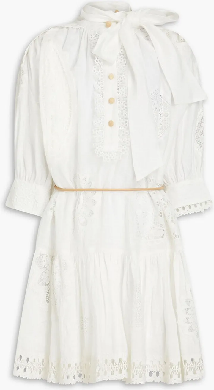 Crochet-trimmed pussy-bow linen mini dress