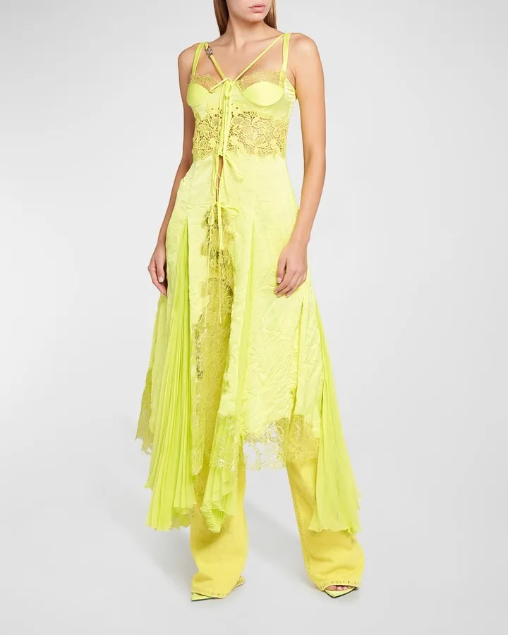 Pleated Lace Strappy Bustier Midi Dress