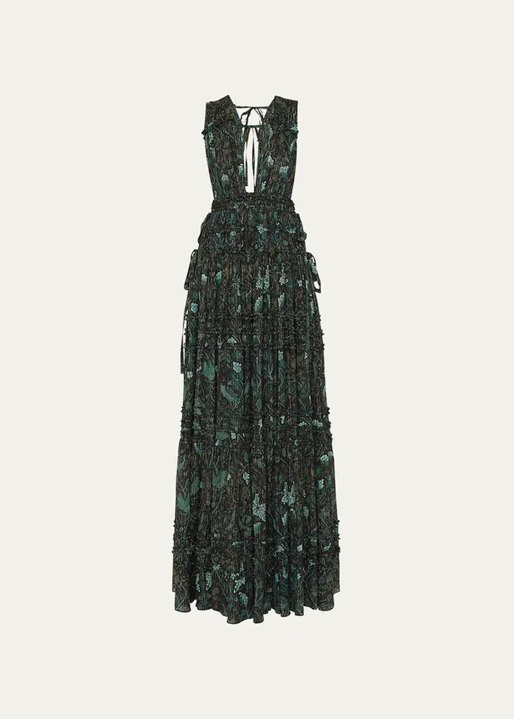 Fiona Tiered-Skirt Open-Back Gown