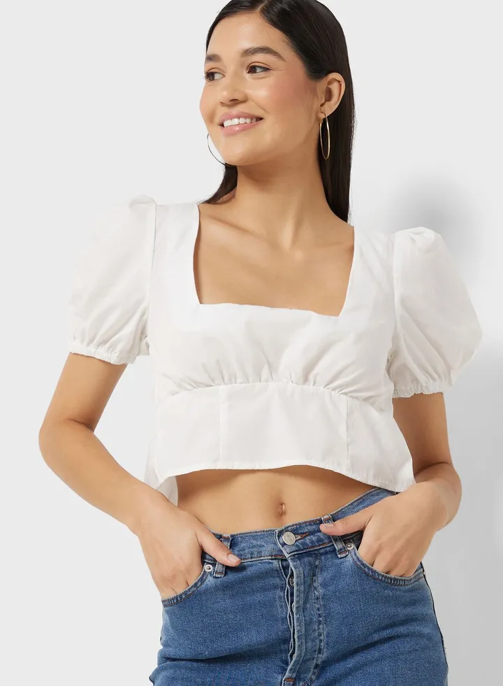 Puff Sleeve Woven Tie Back Top