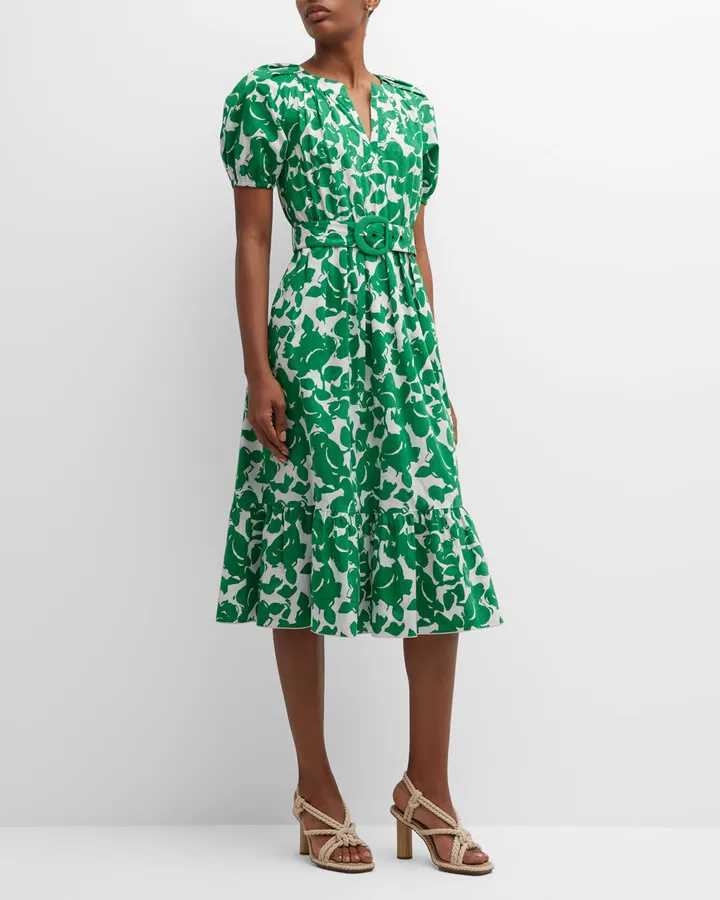 Lindy Two-Tone Puff-Sleeve Midi Shirtdress