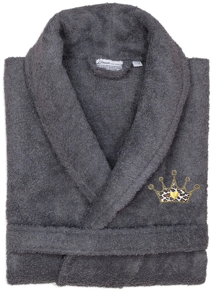 Linum Home Textiles Turkish Cotton Terry Bath Robe Embroidered With Cheetah Crown Design