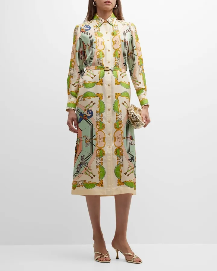 Belted Carousel-Print Silk Shirtdress