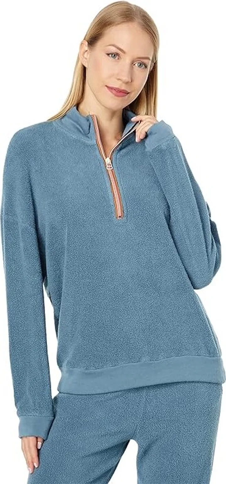 SUNDRY Faux Sherpa Zip Tunic (Slate Blue) Women's Clothing