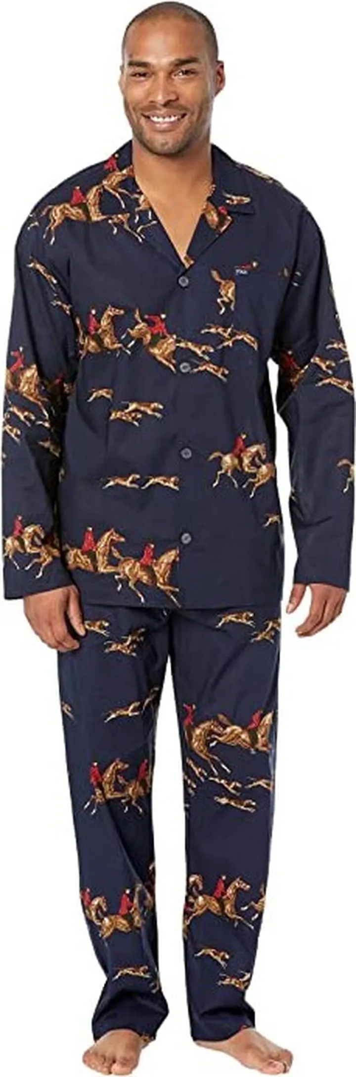 Polo Ralph Lauren Folded Woven Long Sleeve PJ Top PJ Pants (Cruise Navy Equestrian Print) Men's Pajama Sets